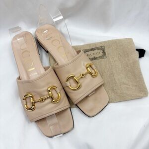 Gucci Leather Horsebit Hardware Square Toe Slip On Sandals Cream Size 40 EU